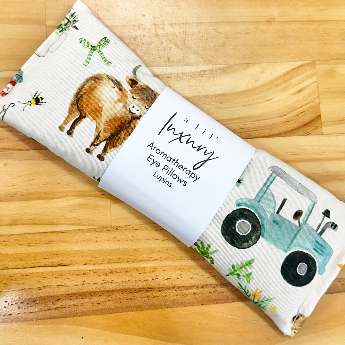 lupin eye pillow with highland cows