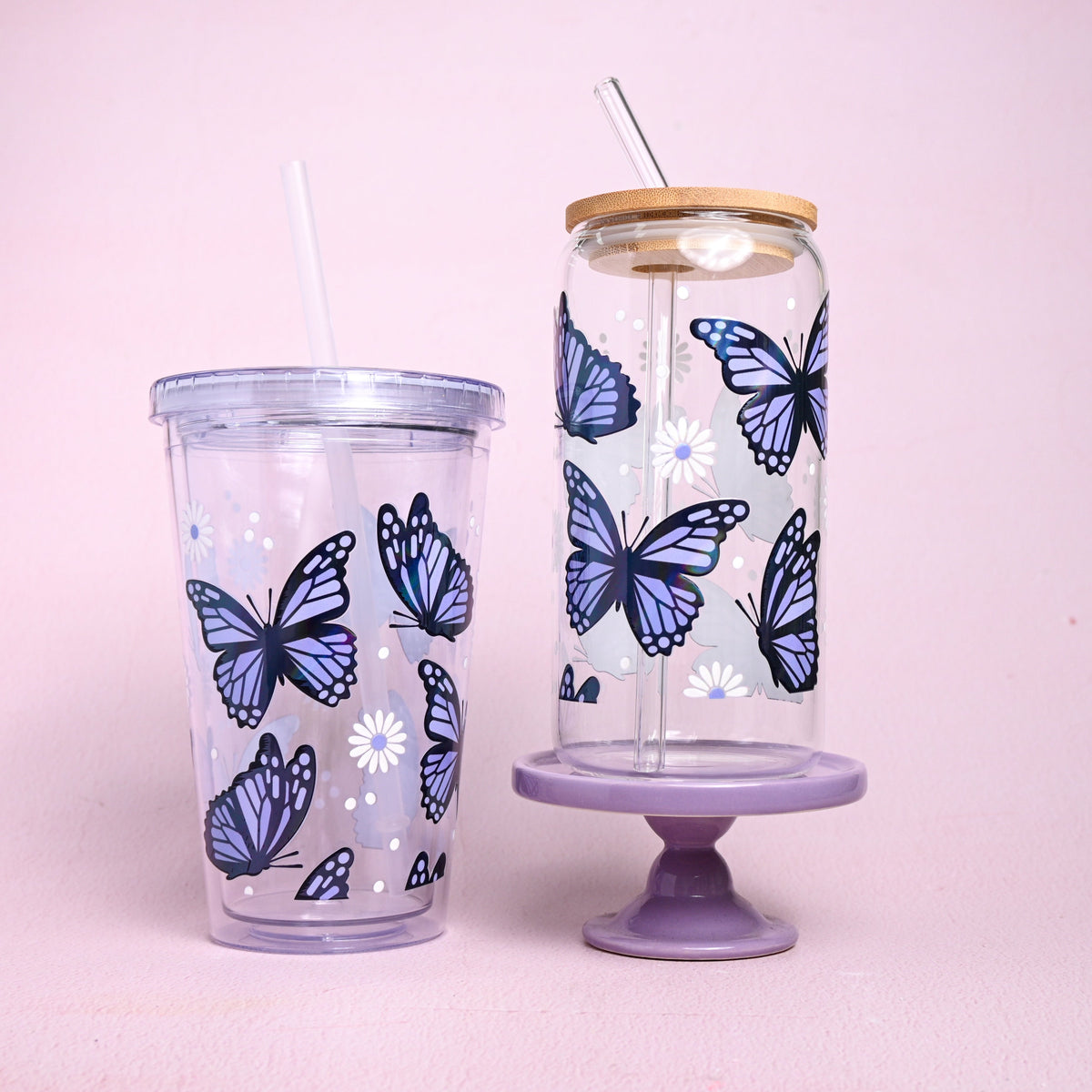 Purple Butterflies Holographic Plastic or Glass Tumbler