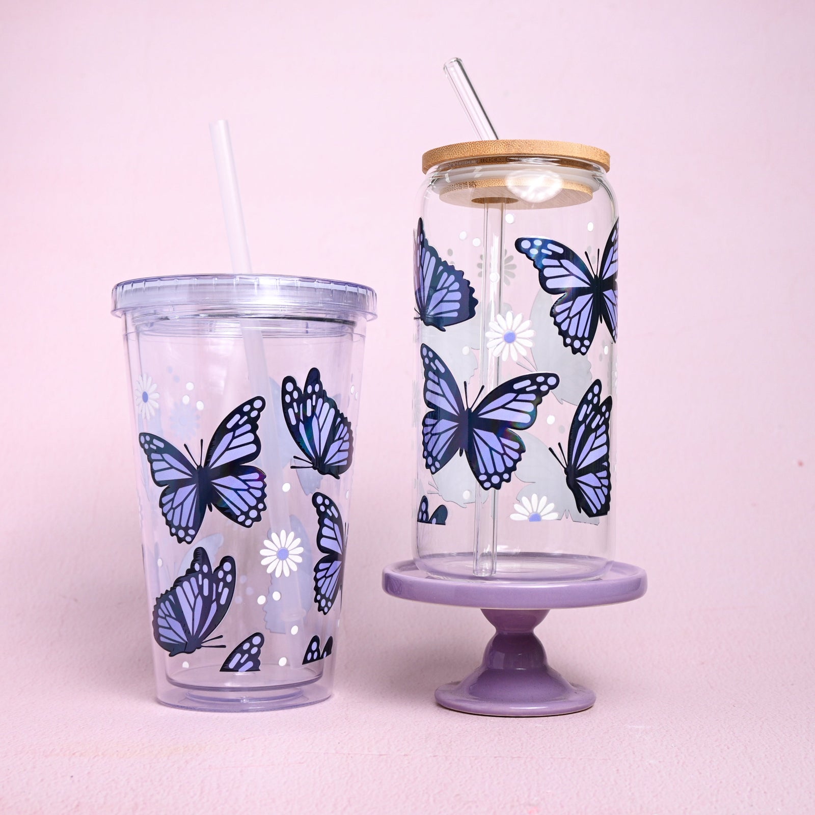 Purple Butterflies Holographic Plastic or Glass Tumbler